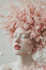 Wall Mural - Surreal fashion photography of a person with pale skin and freckles wearing an elaborate pink coral wig made of spheres 