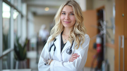 portrait of beautiful confident friendly middle-aged female doctor with blonde hair smiling wearing white uniform and stethoscope on hospital background