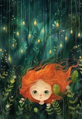 whimsical card design featuring the cute whitch with ginger hair in green forest. The background is adorned with delicate decorations