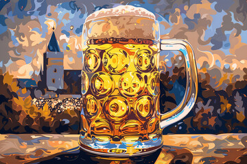 Generative ai on theme of foamy German beer in large glass mug for celebration holiday Oktoberfest