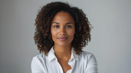 Wall Mural - A female in casual business attire posing against a soft pastel backdrop.