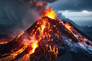 Generative ai on theme of erupting volcano with cascading hot lava surrounded thick white smoke