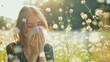 Young woman sneezing in dandelion flower meadow