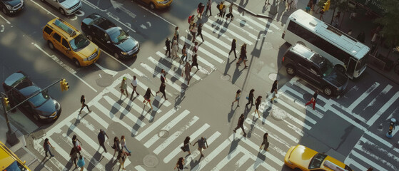 Wall Mural - Aerial view of a bustling crosswalk in the city, with people and traffic in a structured chaos.