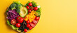 Heart-shaped plate with healthy food on a yellow background. Healthy Eating. Baner, place for text.