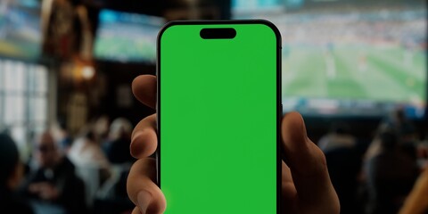 Wall Mural - Smartphone with green screen in sports bar, perfect for app demos