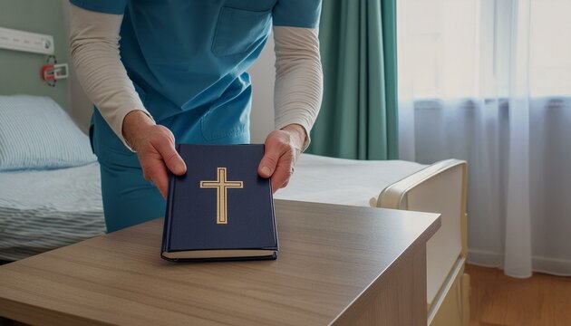 a nurse has the bible. doctor with the bible in the hospital.