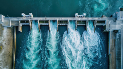 Wall Mural - Aerial top view hydroelectric dam, water discharge through locks. Blue color banner, industrial concept.