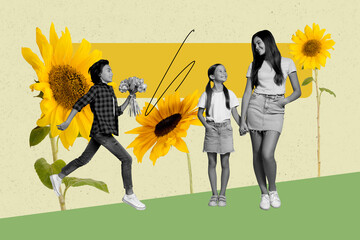 Sticker - Creative collage image young woman mothers day celebration carry bouquet flowers blossom sunflower yellow bloom drawing background