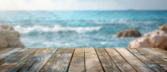 Wall Mural - front view of empty raw wooden plank old table with blurred horizon ocean beach and cloudy blue sky background