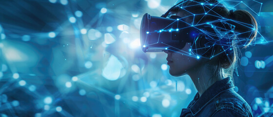 virtual reality vr headset technology digital world data future concept illustration with communication connections blue dot lines around woman face