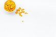 cereals, oatflakes and cornflakes for healthy breakfast on white background top view mock up