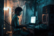 a young programmer of indian descent chained to his computer desk in a dimly lit basement