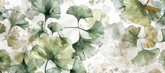 Wall Mural - Ethereal Ginkgo Leaves Watercolor Illustration. Artistic depiction of Ginkgo Biloba leaves in a delicate watercolor style, featuring translucent greens and yellows on a soft, textured background. 