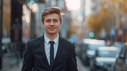 Wall Mural - portrait of a handsome smiling young businessman boss in a black suit walking on a city street to his company office. blurry street background, confident