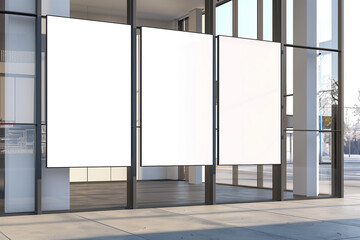 Three blank billboards on a modern building exterior, ideal for advertisement mockups, against a clear sky, Generative AI.