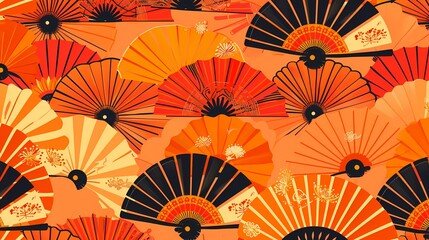 A vibrant array of traditional Japanese fans in warm hues