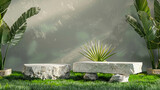 Fototapeta  - presentation template product mockup stone rock circle podium with two stone pedestals with natural environment of tropical leaves and green grass created with Generative AI Technology