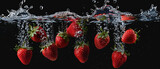 Fototapeta  - Fresh strawberry fruit falling into water with splash and air foam on dark background created with Generative AI Technology