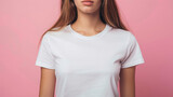 Fototapeta  - chin to body t-shirt product mockup of a vintage girl model wearing a white t-shirt on a wide pastel pink background created with Generative AI Technology