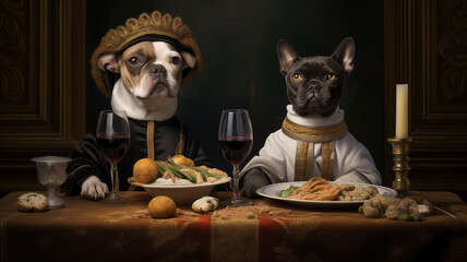 Wall Mural - Bulldog, Dog, Animal, Launch, Dinner, Noble, Aristocratic, Table, Food, portrait. NOBLE FELINES LIKE GOOD FOOD. Lord pets posing in there launch room behind a laid table with good red wine and candle.