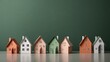 Paper houses on empty green background with copy space 