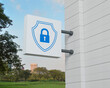 Padlock with shield icon on hanging white square signboard over green grass field and trees in park, Technology security insurance online concept, 3D rendering