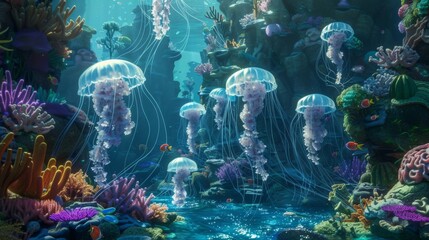 Wall Mural - Enchanting Underwater Seascape with Jellyfish and Coral Reefs