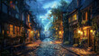 cobbled street of ancient town in evening with blue cloudy sky