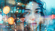 Close-up portrait of young woman. Double exposure cityscape with young woman.