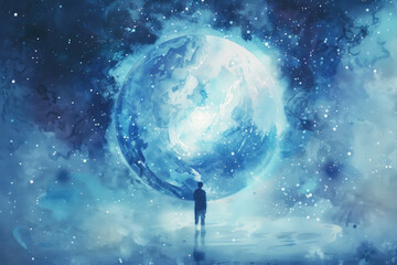 Wall Mural - a male figure stands surrounded by a vast expanse of stars in a surreal setting