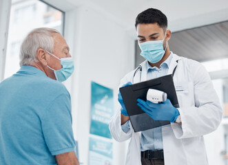 Poster - Doctor, man and thermometer with clipboard in hospital for medical data, information and record of patient symptoms. Specialist, clinic and form for prescription, diagnosis and results for health