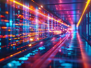 Abstract visualization of data processing in a hightech facility, vibrant light trails representing the flow of information, dynamic and powerful