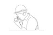 Simple continuous lin drawing of a geologist looks at a rock closely. Engineer minimalist concept. Engineer activity. Engineer analysis icon.