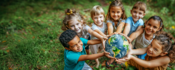 Unity in Diversity: Smiling Children Holding a Globe Together in Harmony and Friendship