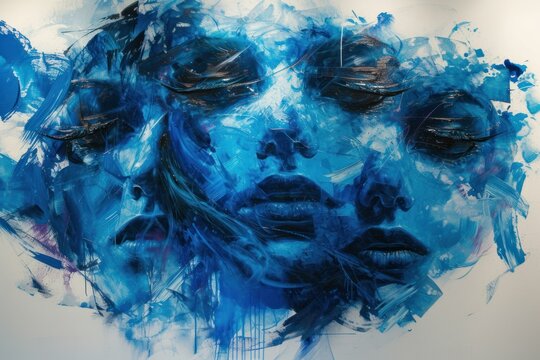 Contemporary abstract blue faces painting with modern artistic expression on canvas with acrylic brush strokes for gallery wall decoration and interior design