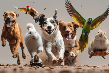 two dogs of different breeds, 3 cats of different breeds, a parrot, a turtle, a hamster, a rabbit run towards the camera