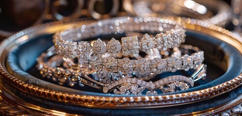 Wall Mural - Exquisite diamond cuff bracelets elegantly displayed on a velvet-lined tray.