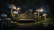 Agaricus mushrooms in a moonlit garden with a vintage wrought-iron bench and a fountain.