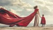 Back view of mom and little daughter dressed like superheroes in red cape and mask holding hands