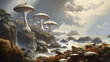 Agaricus mushrooms in a scenic coastal scene, with waves crashing against rugged rocks and seagulls flying overhead.
