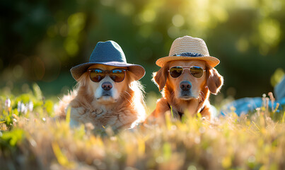 Two golden retrievers wearing glasses and a hat in a backyard