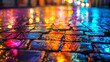 Macro closeup of colorful vibrant and cobblestone street with bokeh background