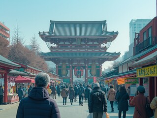 Poster - A busy street in a foreign country with people walking around and a large building in the background. Scene is lively and bustling, with people going about their day