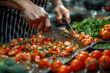 Wall Mural - A skilled chef meticulously slices fresh red tomatoes and green herbs, preparing ingredients for a gourmet meal in a professional kitchen setting