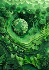 a green paper cutout of a forest with a small globe in the middle