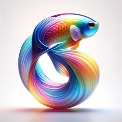 Wall Mural - A stunning blown glass sculpture of a playful, cute Betta fish  with seamlessly blended rainbow colors, white background