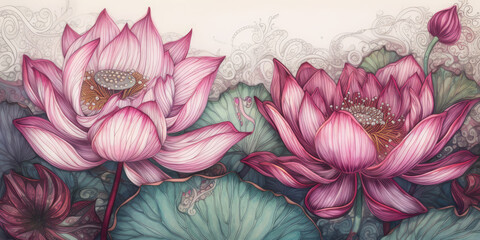 Wall Mural - Pink lotuses, watercolor. Lotus flowers background. Water lily art. Lotus flower wallpaper