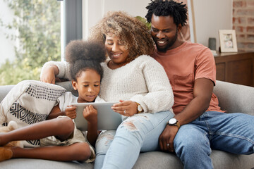 Canvas Print - Mom, dad and daughter with tablet for education, gaming or streaming on sofa of living room in home. Smile, technology and black family with girl kid in apartment for homework or online research