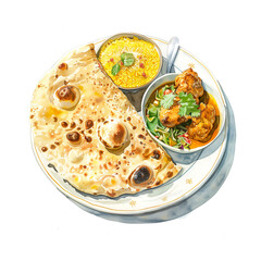 Wall Mural - Watercolor illustration of Indian food, naan and saffron rice, vegetable curry and butter chicken curry on white background